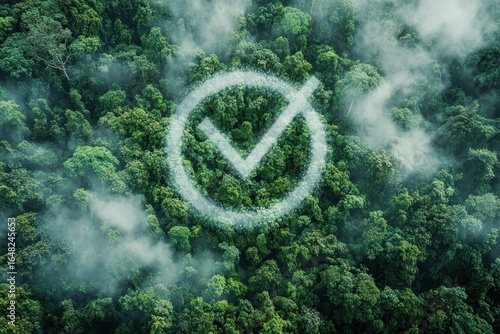 Wallpaper Mural Aerial view of dense green forest with mist and a large checkmark shape formed by clouds above the treetops, symbolizing approval or environmental success Torontodigital.ca