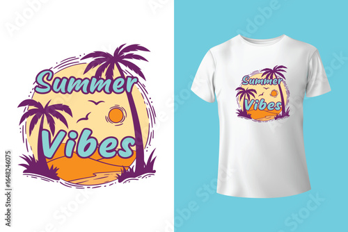 Colorful summer t-shirts on display at a vibrant store during sunny days.