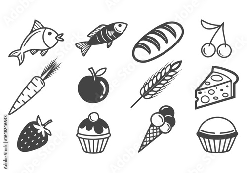 Hand drawn collection of various food items and ingredients in a sketch style