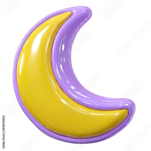 3D crescent moon, bright yellow and lavender, glossy, cartoon style