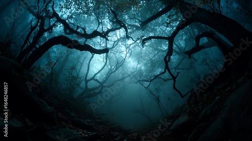 A view looking up through the trees in a dark and misty forest with a blue hue in the background
