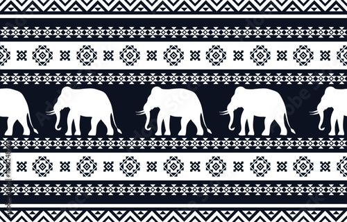 Elephant Ethnic pattern Design. Seamless. Whitecolorful stripes, Darkcolorful background. Ethnicity. Floral patterns, printed fabrics, pants, Lanna.