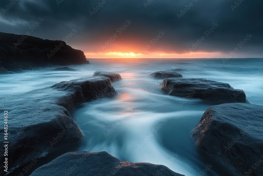 Obraz premium Moody seascape with dark rocks and waves flowing under a dramatic cloudy sky during sunset with glowing horizon light