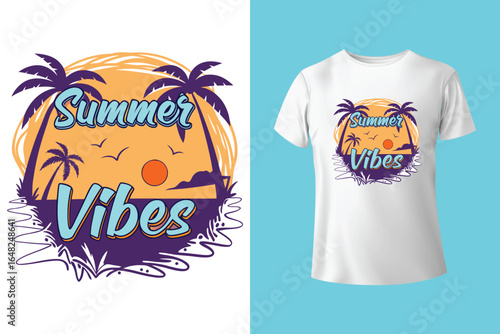 Colorful summer t-shirts on display at a vibrant store during sunny days.