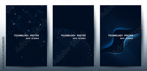 Poster set technology banner collection. Futuristic digital data wave glowing lines. Data science concept tech banner, corporate business presentation or booklet technology