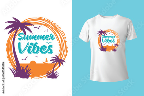 Colorful summer t-shirts on display at a vibrant store during sunny days.
