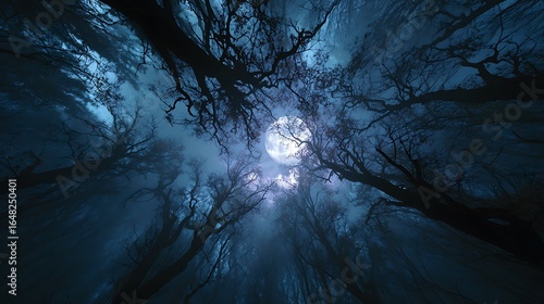 A low angle shot of the moon shining through trees in a dark and foggy night time forest scene