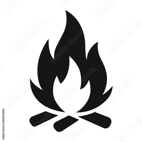 A solid black silhouette of a campfire, a controlled outdoor fire used for cooking or warmth.