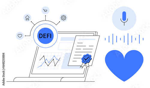Laptop showing finance analytics, smart contract with seal, DEFI elements, icons for home, gear, voice assistant, and heart. Ideal for fintech, blockchain technology smart solutions analytics
