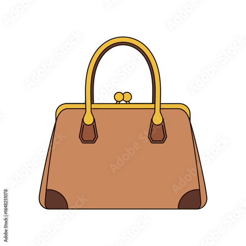 A classic brown handbag with a gold frame, clasp, and handles, depicted in a simple, elegant illustration.