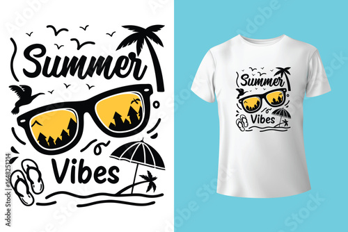 Colorful summer t-shirts on display at a vibrant store during sunny days.