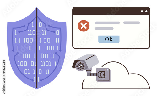 Cybershield with binary code, warning alert window, cloud, and surveillance camera. Ideal for cybersecurity, privacy, online safety, data protection, hacking prevention network security simple flat
