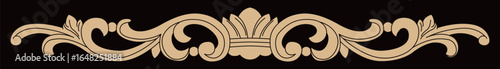 Intricate wooden carving shows symmetrical scrolls and a decorative central crown.