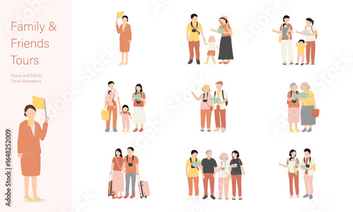 日本人の旅行イラストセット〈レッド系配色〉