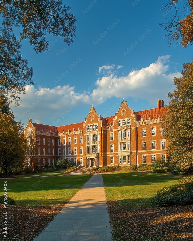 Obraz premium Large historic red brick building with white windows and ornate architectural details under a blue sky with scattered clouds surrounded by green trees and lawn in warm sunlight