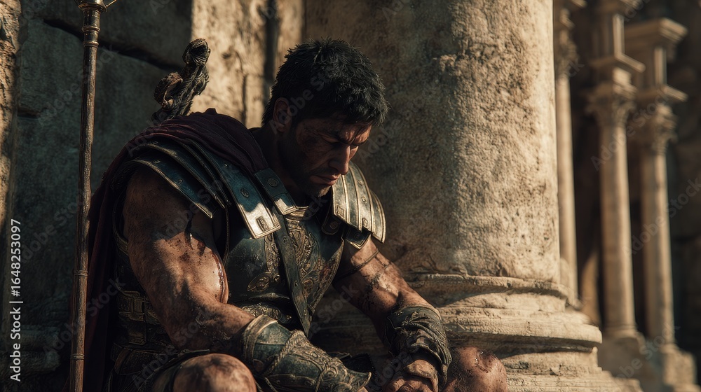 Fototapeta premium Brave gladiator reflecting on battle ancient rome action scene dramatic environment close-up view