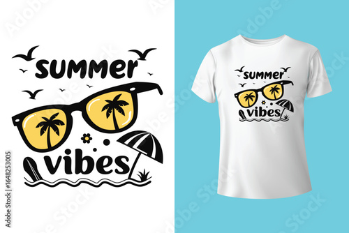 Colorful summer t-shirts on display at a vibrant store during sunny days.