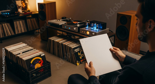 Audiophile Selecting Vinyl Record in Modern Hi-Fi Listening Room