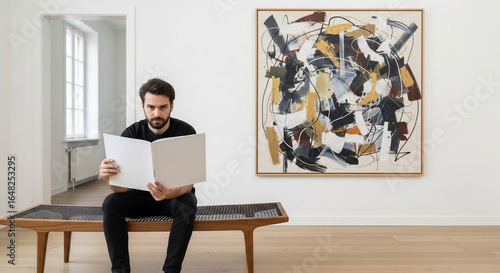 Man Reading Brochure on Bench in Modern Art Gallery Setting