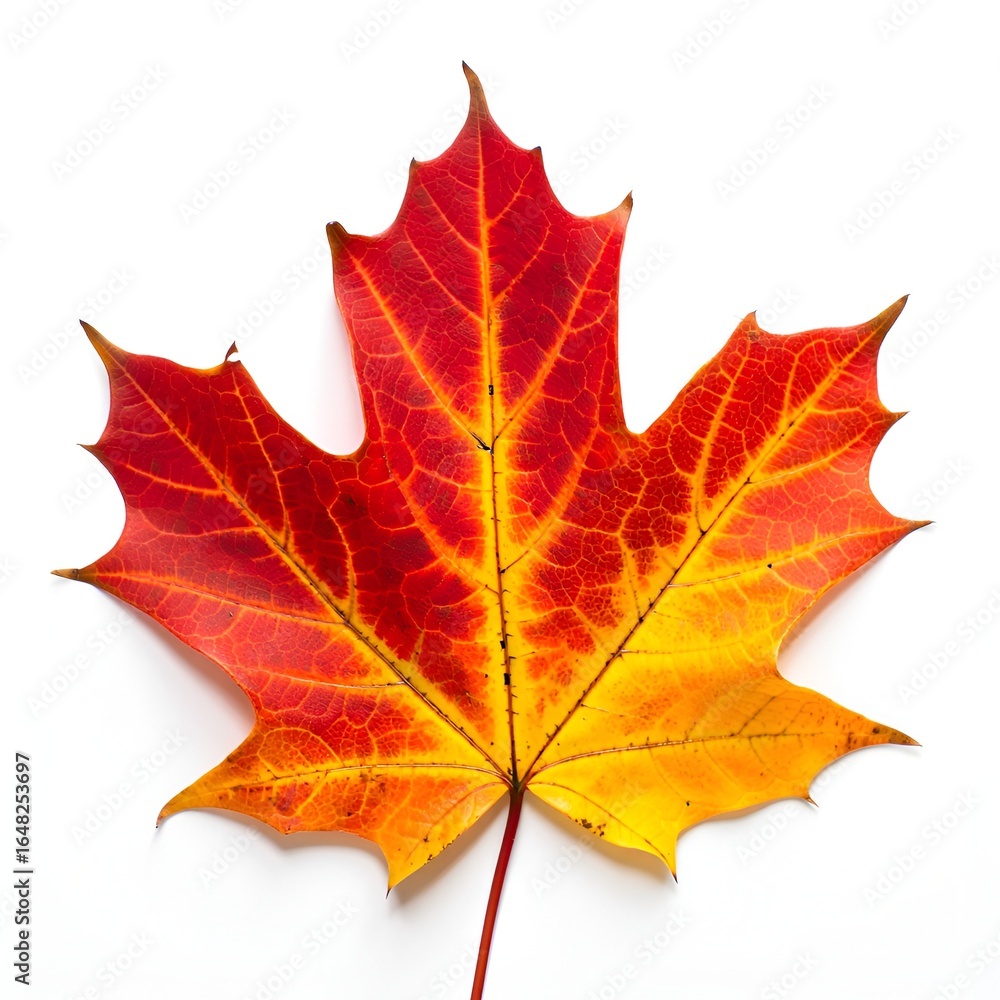 Obraz premium A vibrant maple leaf displays rich autumn colors with a warm, organic texture on a white backdrop.