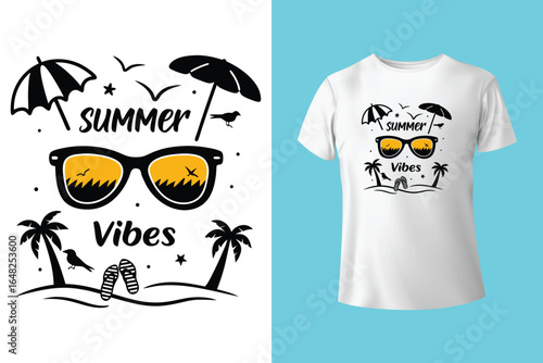 Colorful summer t-shirts on display at a vibrant store during sunny days.