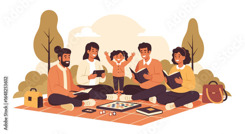 Joyful family enjoying leisure time outdoors, picnicking and engaging in various activities like reading and board games in a serene park environment.
