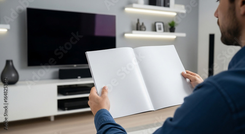 Man Reading Blank Magazine Mockup in Modern Living Room