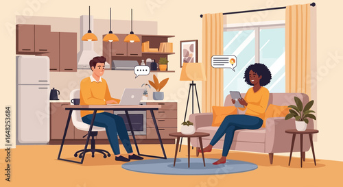 Couple working from home in a modern living room, enjoying their day