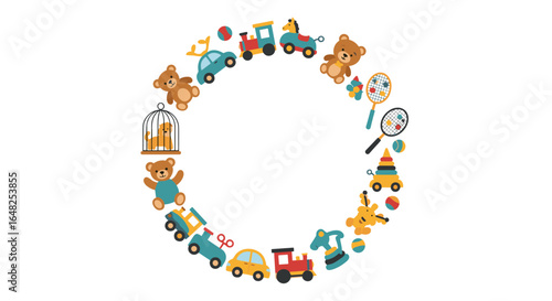 Circle of colorful children's toys and playtime fun