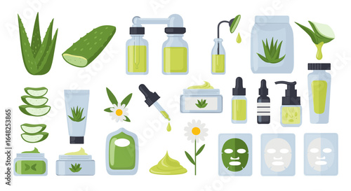 Illustrations of various natural beauty products and skincare ingredients showcasing healthy organic formulations for wellness and self care routines