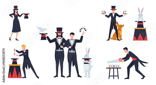 Professional illusionists perform astonishing magic tricks with top hats rabbits and optical illusions