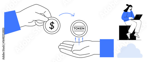 Hands exchanging dollar and token coins with arrows signifying transfer, female working on laptop, cloud. Ideal for cryptocurrency, blockchain, remote work, finance, cloud tech, fintech digital