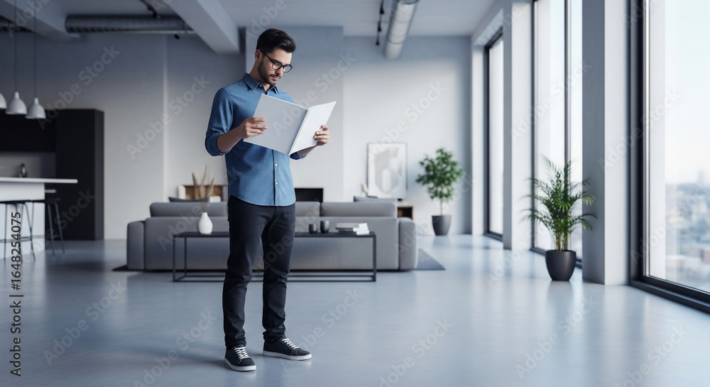 custom made wallpaper toronto digitalProfessional Man Reading in Modern Urban Loft with City View