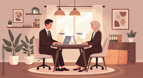 Two Professionals Collaborating at a Shared Desk in a Bright, Modern Office Space