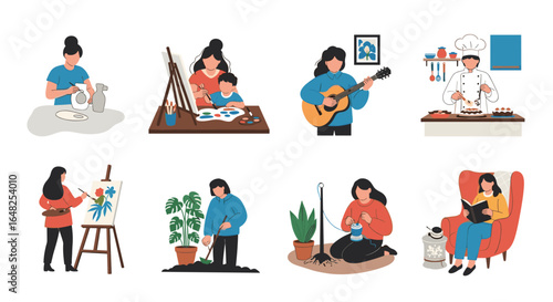 Diverse women engaging in various creative hobbies and leisure activities showcasing personal growth and fulfillment