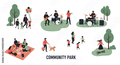 Diverse community park activities showcasing outdoor recreation and family fun