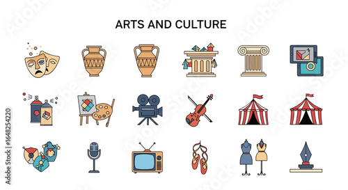 Illustrating diverse elements of arts and culture showcasing creative expression and heritage through visual icons