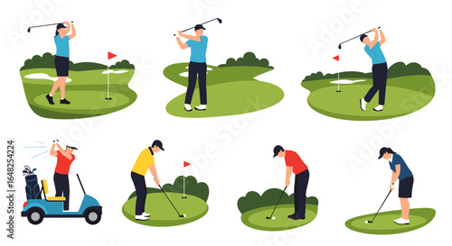 A collection of golfers practicing their swings on a lush green course under a clear blue sky