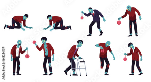 Collection of diverse zombie poses demonstrating various activities and states of being