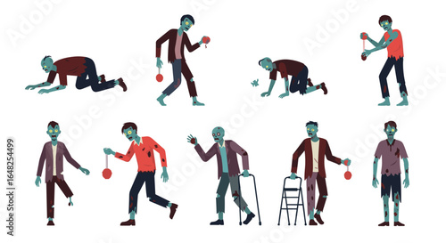 A collection of diverse cartoon zombies in various poses and states of disarray exhibiting unsettling unnatural movements and playing with yo-yos