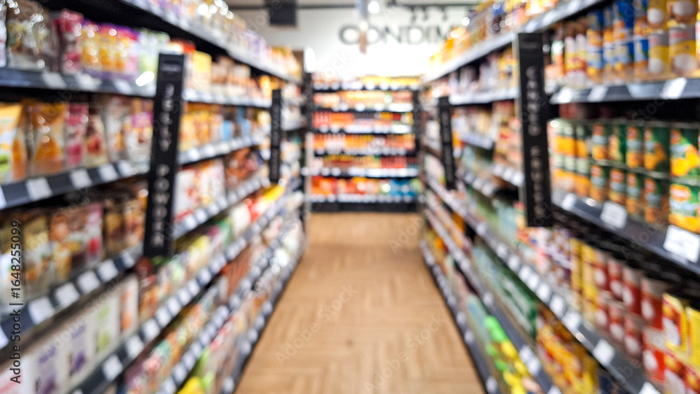 Fototapeta premium Defocused photo of A supermarket store aisle with a variety of products on the shelves. abstract blur of convenience store aisle, fast moving consumer goods industry urban lifestyle concept.