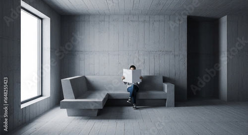 Solitude and Reading in a Modern Minimalist Concrete Room