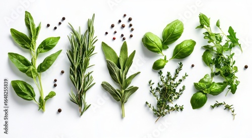 Fresh green herbs including basil, rosemary, sage, thyme, and oregano arranged in a row with scattered peppercorns on a white background, conveying freshness and natural aroma