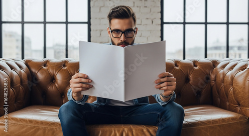 Man with Glasses Reading Blank Magazine Mockup on Sofa