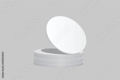 3D vector mockup of round blank beer coasters, isolated on background. Empty coaster lying for branding, pub, bar, restaurant, cafe, drinkware, bottle, can, cup holder and promotional product design