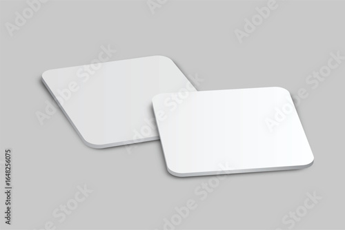 3D vector mockup of square blank beer coasters, isolated on background. Empty coaster lying for branding, pub, bar, restaurant, cafe, drinkware, bottle, can, cup holder and promotional product design