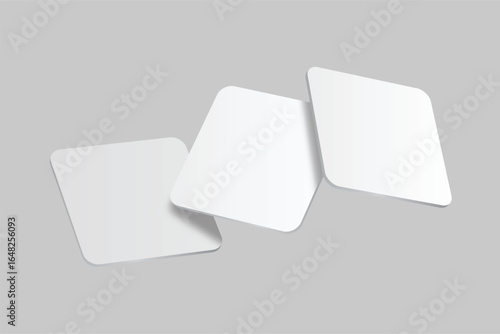 3D vector mockup of square blank beer coasters, isolated on background. Empty coaster lying for branding, pub, bar, restaurant, cafe, drinkware, bottle, can, cup holder and promotional product design