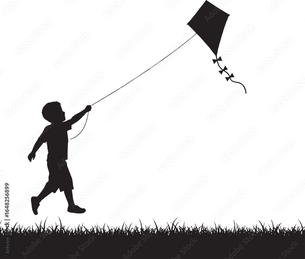 Obraz premium Boy Flying Kite Silhouette on Grassy Ground Vector Illustration
