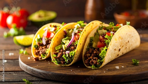 Delicious beef tacos on a wooden board