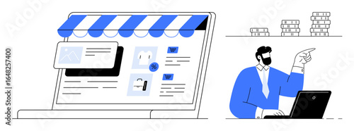 Laptop displaying an online storefront with product listings under a striped awning. A professional gestures at ideas while working on a laptop. Ideal for e-commerce, business management, marketing
